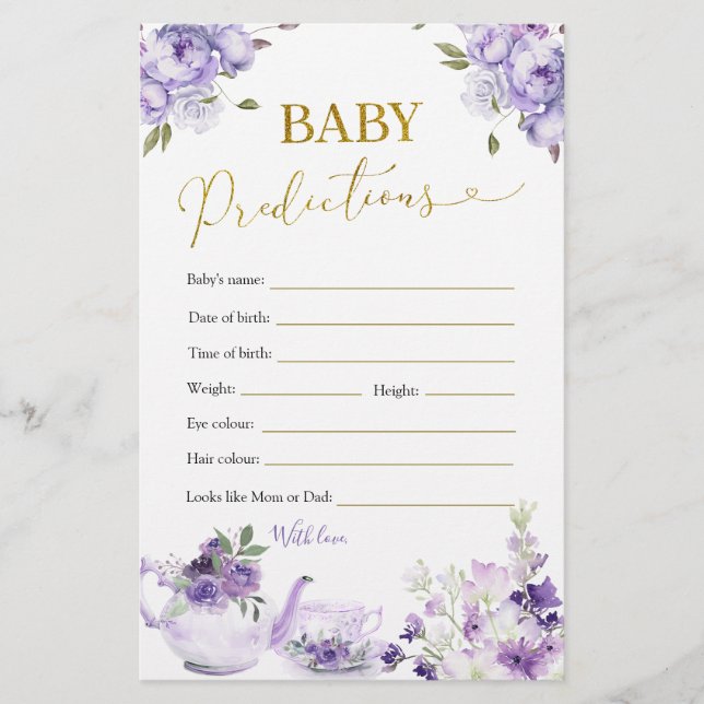 Purple Floral Bridal Shower Tea Baby Predictions (Front)