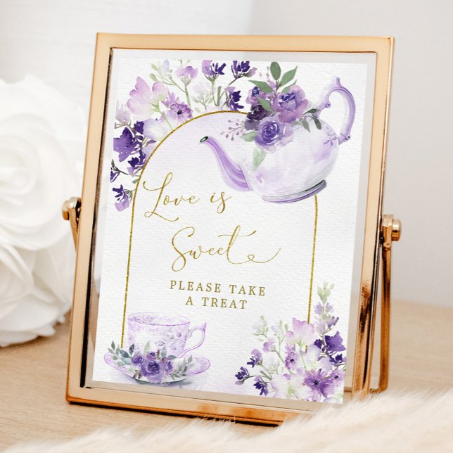 Purple Floral Bridal Shower Tea Love is Sweet Sign (Creator Uploaded)