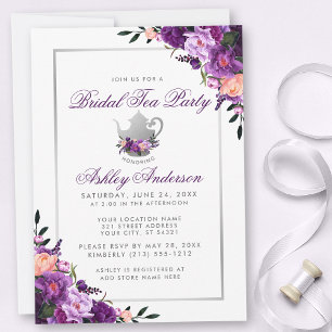 Purple Floral Bridal Shower Tea Party Invitation