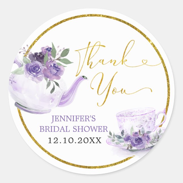 Purple Floral Bridal Shower Tea Thank You Sticker (Front)