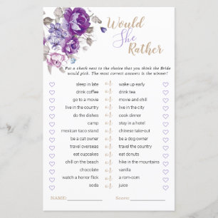 Purple Floral Bridal Shower Would She Rather Game