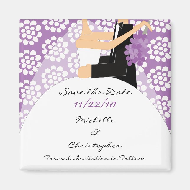 Purple Floral Bride & Groom Save The Date Magnet (Front)