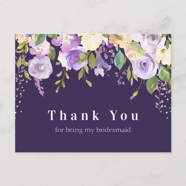 purple floral bridesmaid thank you card (Front)