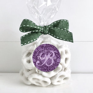 Purple Floral Brocade Monogram Thank You Classic Round Sticker