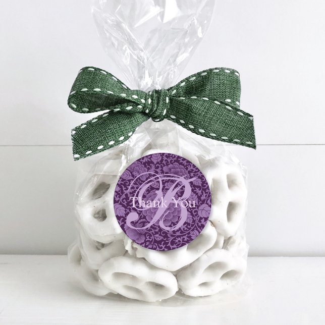 Purple Floral Brocade Monogram Thank You Classic Round Sticker (Creator Uploaded)