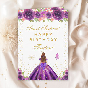 Purple Floral Brown Hair Girl Sweet Sixteen Card