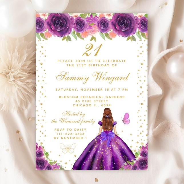 Purple Floral Brown Hair Princess Birthday Party Invitation (Creator Uploaded)