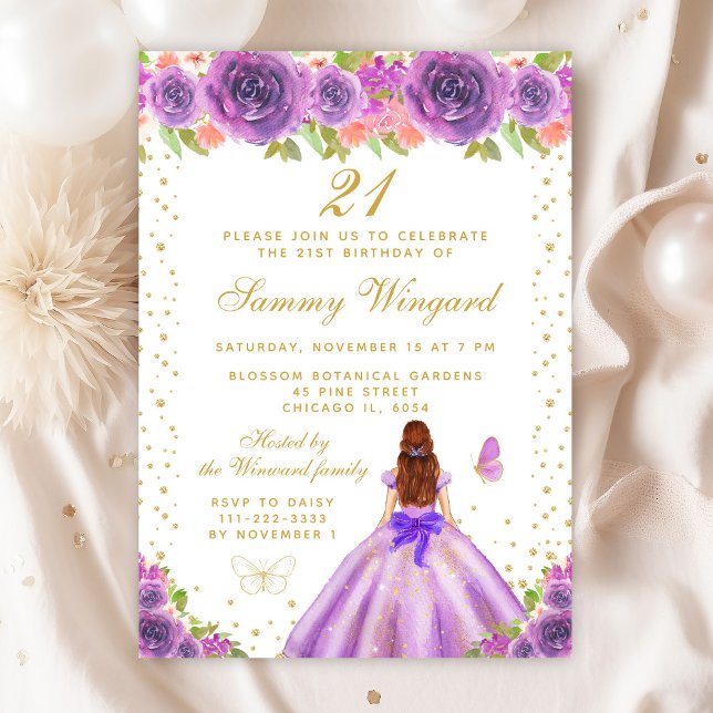 Purple Floral Brown Hair Princess Birthday Party Invitation (Creator Uploaded)
