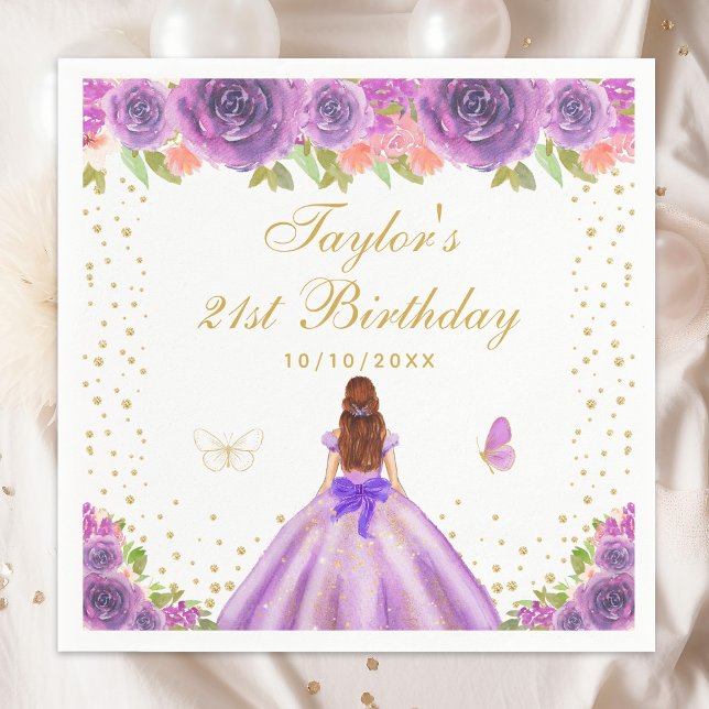 Purple Floral Brown Hair Princess Birthday Party Napkin (Creator Uploaded)