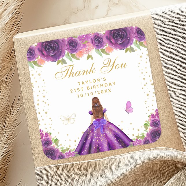 Purple Floral Brown Hair Princess Birthday Party Square Sticker (Creator Uploaded)