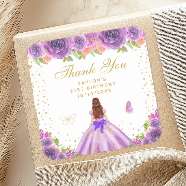 Purple Floral Brown Hair Princess Birthday Party Square Sticker (Creator Uploaded)
