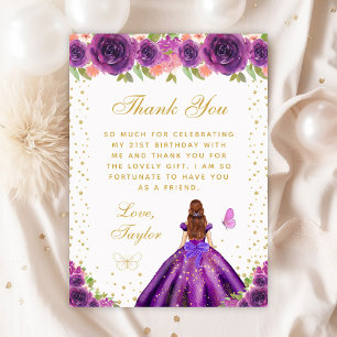 Purple Floral Brown Hair Princess Birthday Party Thank You Card