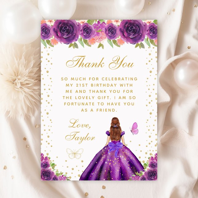 Purple Floral Brown Hair Princess Birthday Party Thank You Card (Creator Uploaded)
