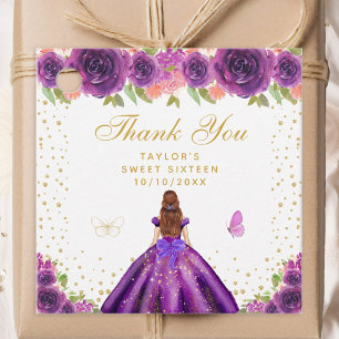 Purple Floral Brown Hair Princess Sweet Sixteen Favour Tags