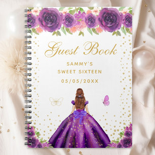 Purple Floral Brown Hair Princess Sweet Sixteen Notebook