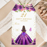 Purple Floral Brunette Hair Girl Happy Birthday Gift Tags<br><div class="desc">This elegant and glamourous happy birthday gift tag can be personalised with a name. The design features a beautiful princess with brunette hair and fair skin in a dark purple ball gown. The text combines handwritten script and modern sans serif fonts for a classy and sophisticated look. The floral arrangements,...</div>