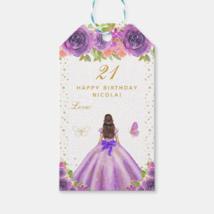 Purple Floral Brunette Hair Girl Happy Birthday Gift Tags