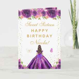 Purple Floral Brunette Hair Girl Sweet Sixteen Card
