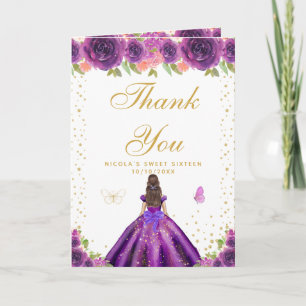 Purple Floral Brunette Hair Girl Sweet Sixteen Thank You Card