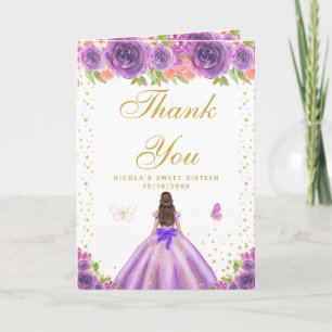 Purple Floral Brunette Hair Girl Sweet Sixteen Thank You Card