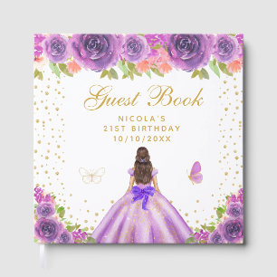 Purple Floral Brunette Hair Princess Birthday  Guest Book