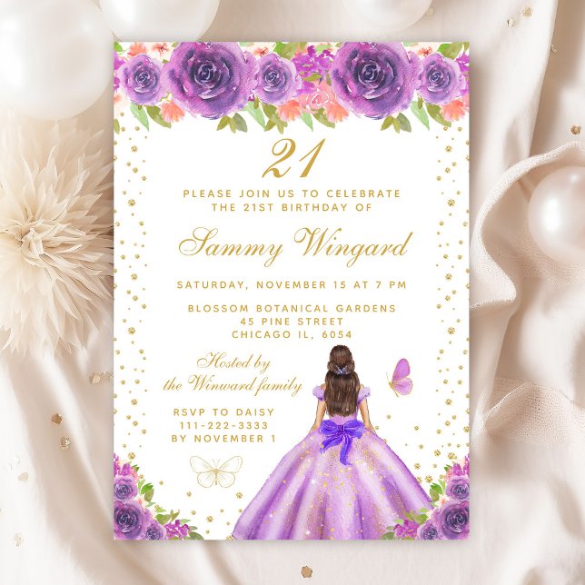 Purple Floral Brunette Hair Princess Birthday Invitation (Creator Uploaded)
