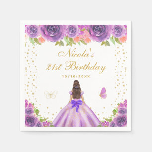 Purple Floral Brunette Hair Princess Birthday  Napkin