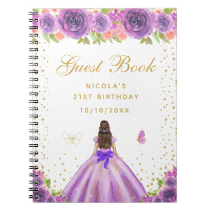 Purple Floral Brunette Hair Princess Birthday Notebook