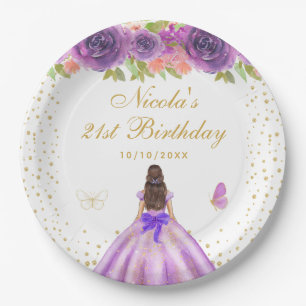 Purple Floral Brunette Hair Princess Birthday  Paper Plate