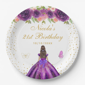 Purple Floral Brunette Hair Princess Birthday  Paper Plate