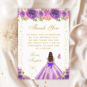 Purple Floral Brunette Hair Princess Birthday Part Thank You Card