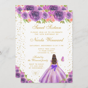 Purple Floral Brunette Hair Princess Sweet Sixteen Invitation