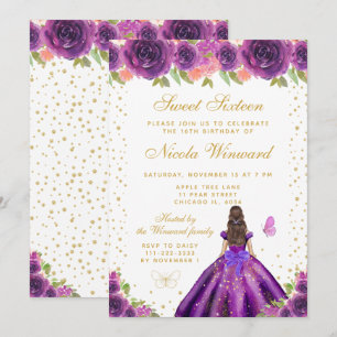 Purple Floral Brunette Hair Princess Sweet Sixteen Invitation