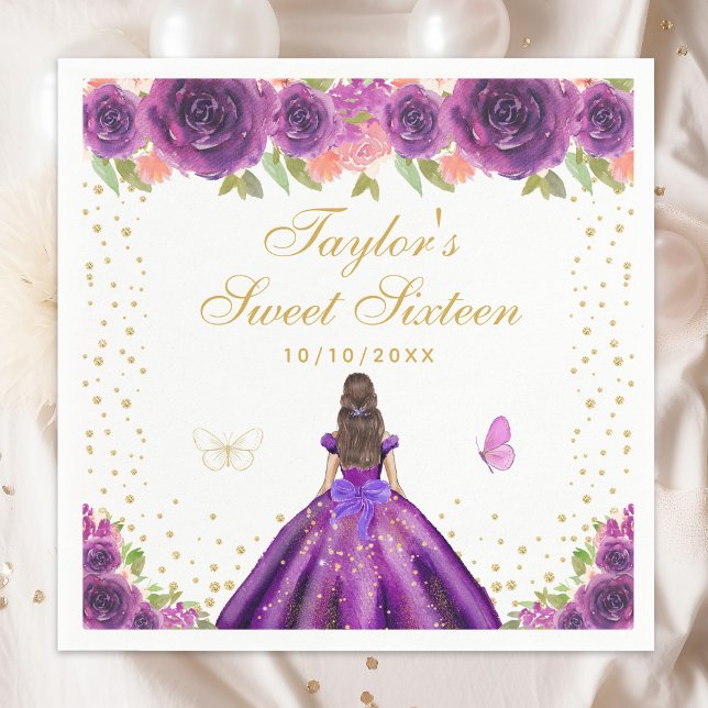 Purple Floral Brunette Hair Princess Sweet Sixteen Napkin (Creator Uploaded)