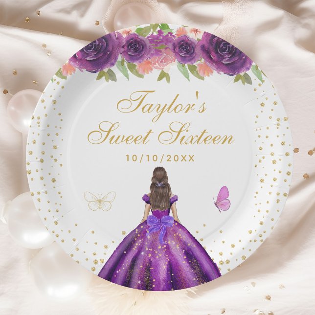Purple Floral Brunette Hair Princess Sweet Sixteen Paper Plate (Creator Uploaded)
