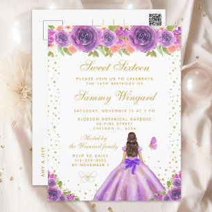 Purple Floral Brunette Hair Princess Sweet Sixteen Postcard