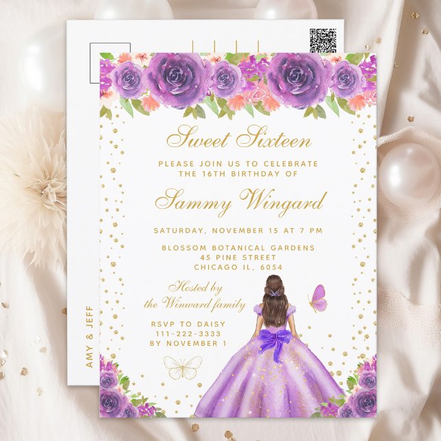 Purple Floral Brunette Hair Princess Sweet Sixteen Postcard (Creator Uploaded)
