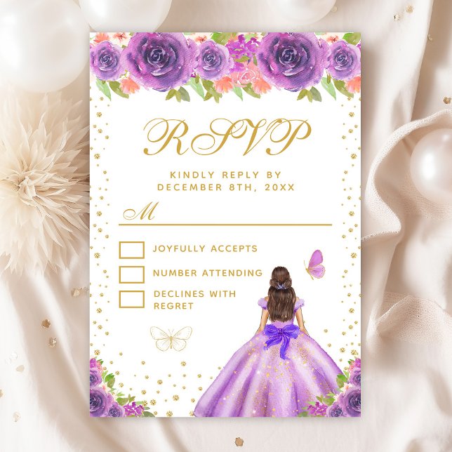 Purple Floral Brunette Hair Princess Sweet Sixteen RSVP Card (Creator Uploaded)