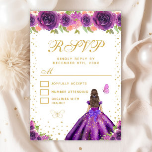 Purple Floral Brunette Hair Princess Sweet Sixteen RSVP Card