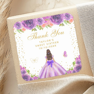 Purple Floral Brunette Hair Princess Sweet Sixteen Square Sticker
