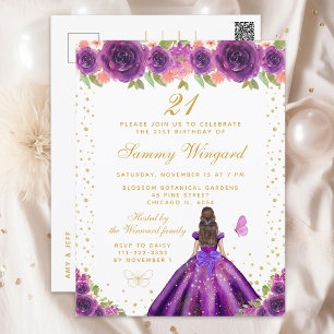 Purple Floral Brunette Princess Birthday Party Postcard