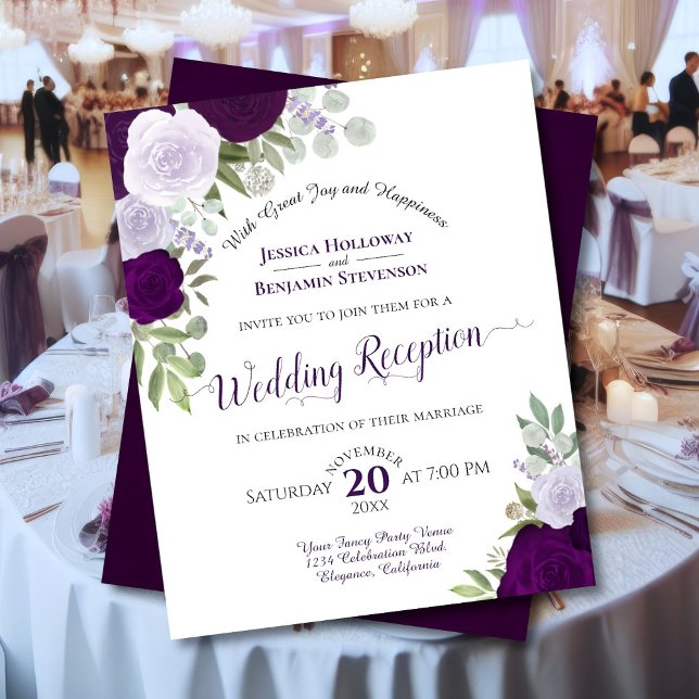 Purple Floral Budget Wedding Reception Invitation (Front/Back)