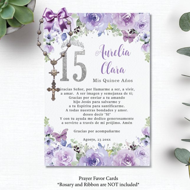 Purple Floral Butterflies Quinceañera Prayer Card (Creator Uploaded)
