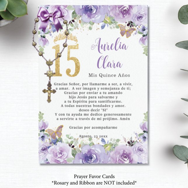 Purple Floral Butterflies Quinceañera Prayer Card (Creator Uploaded)