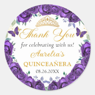 Purple Floral Butterflies Quinceañera Princess Classic Round Sticker