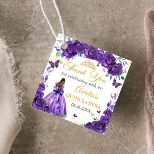 Purple Floral Butterflies Quinceañera Princess Favour Tags