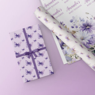 Purple Floral Butterfly Baby Shower Personalised Wrapping Paper Sheet