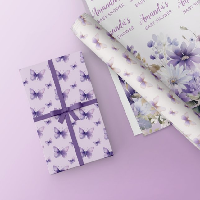 Purple Floral Butterfly Baby Shower Personalised Wrapping Paper Sheet (Creator Uploaded)