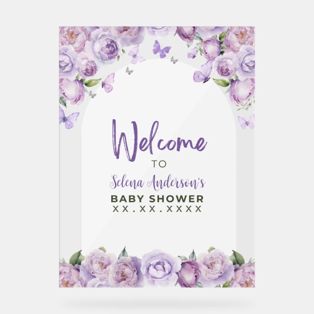 Purple Floral Butterfly Baby Shower Welcome Acrylic Sign (Front)