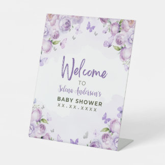 Purple Floral Butterfly Baby Shower Welcome Pedestal Sign